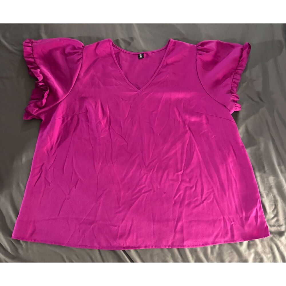 SHEIN Fuchsia Hot Pink V-Neck Flutter Ruffle Sleeve Blouse Top Boho Size 4XL
